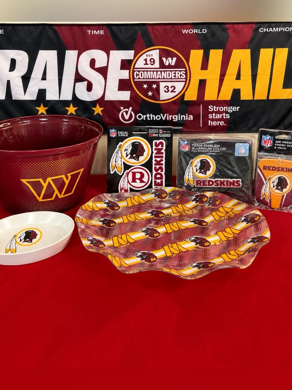 Washington Commanders Redskins NFL Licensed Fan Lot Banner Pail Trays Decals Emb